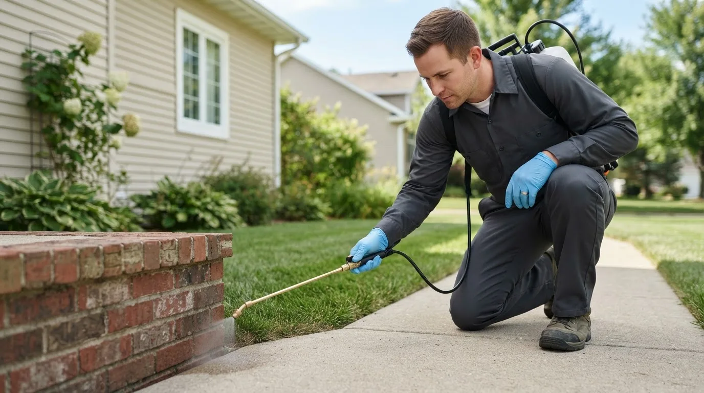 Pest control technician treating a home near Monroe, NE