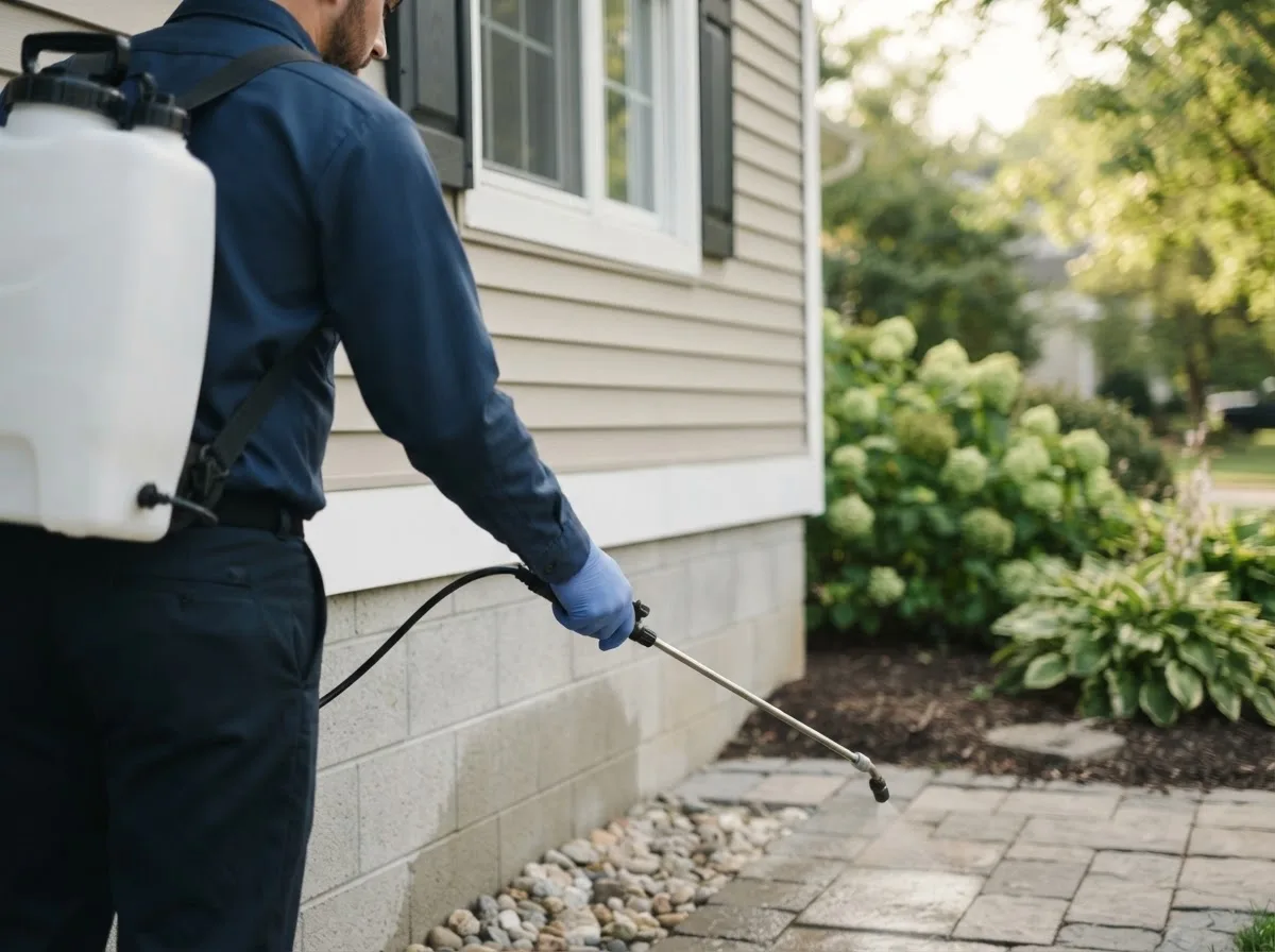 Pest control technician inspecting a home in Monroe, NE